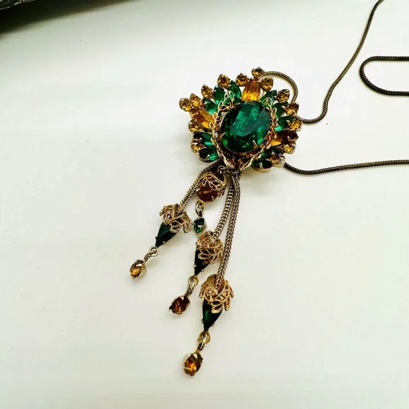 Vintage ANTIQUE Green PendantCrystal Tassel